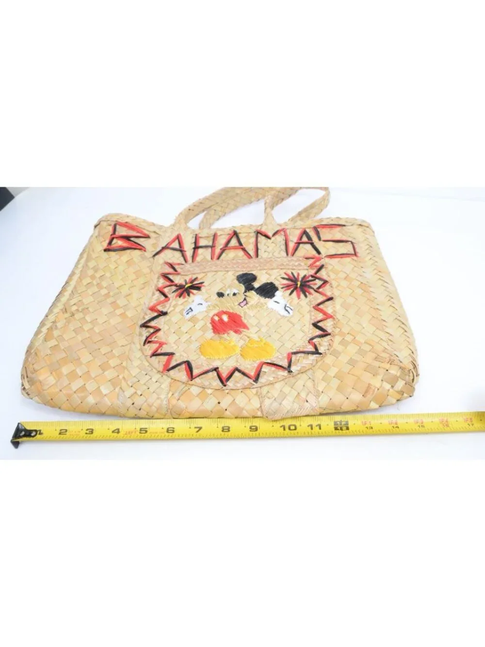 Vintage Bahamas Disney's Mickey Mouse Woven‎ Straw Embroidery Tote Bag Purse